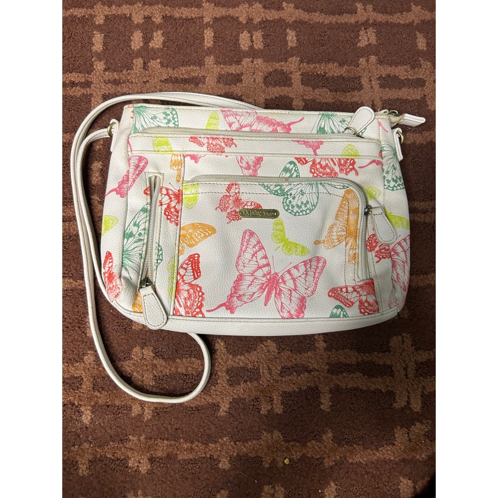MultiSac White Butterfly Print Crossbody Bag Purse Zip Pocket Travel